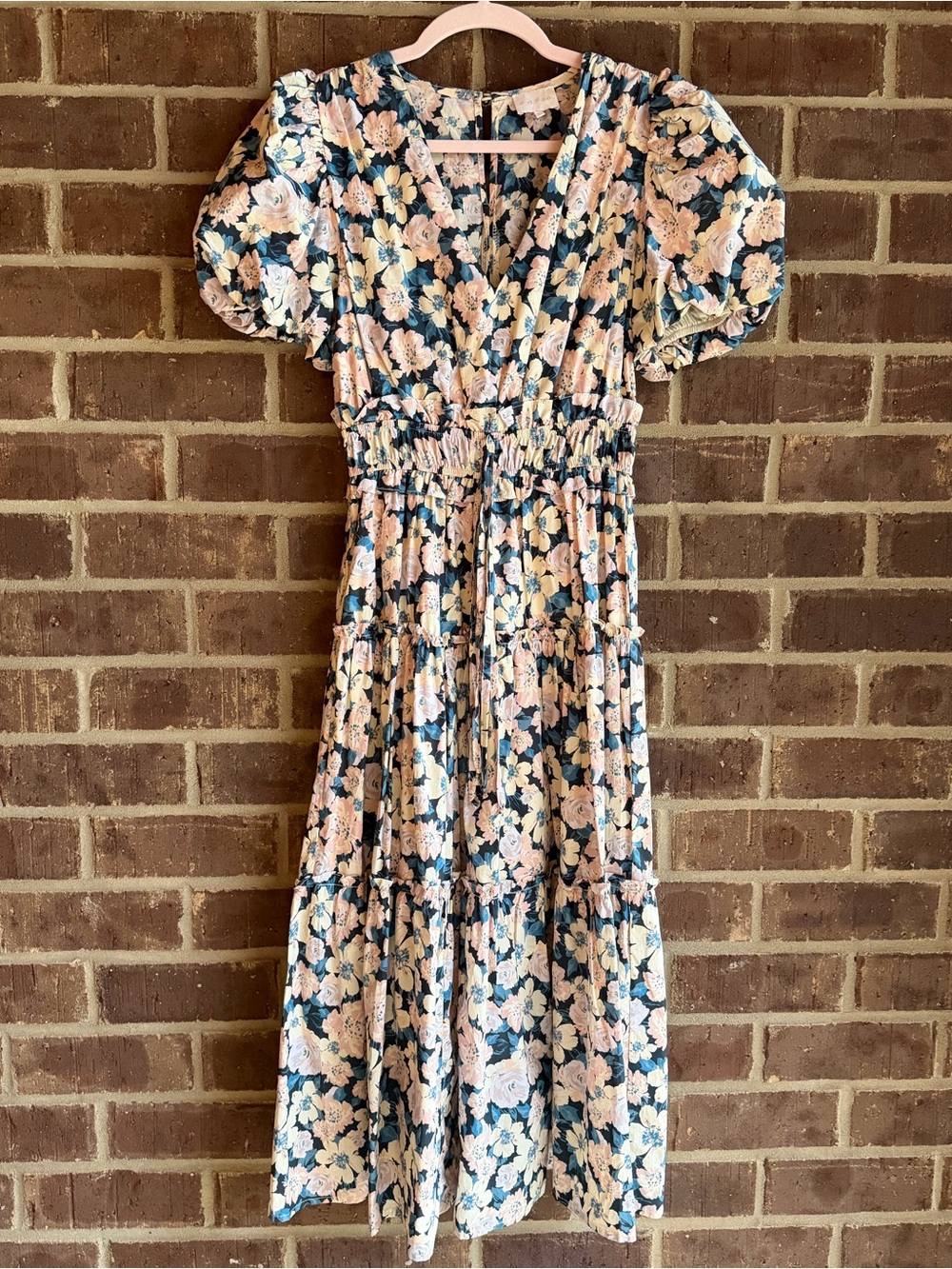 Anthro Floral Tiered Midi Dress in Navy and Blush